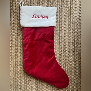 Pottery Barn Classic Velvet Stocking, embroidered with name ‘Lauren’